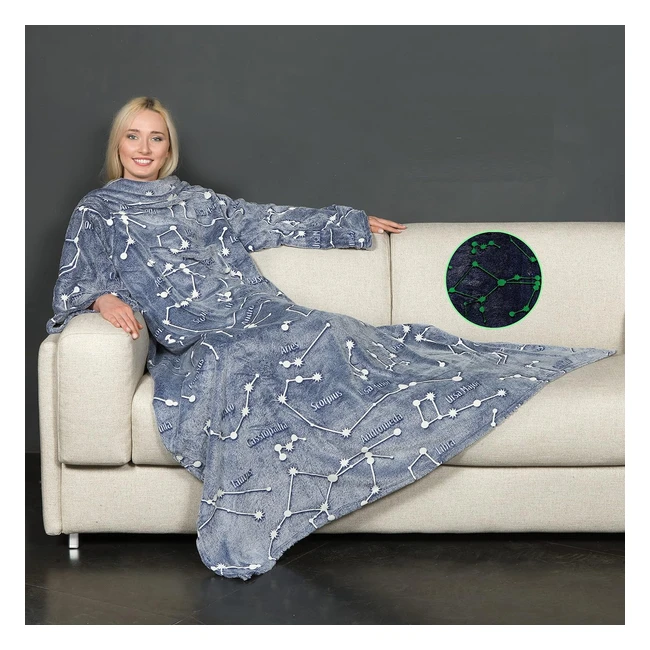 Coperta con Maniche Glow, Si Illumina al Buio, Pile Microfibra, Tasca Centrale, Fantasia Costellazioni, Singolo 180x140cm