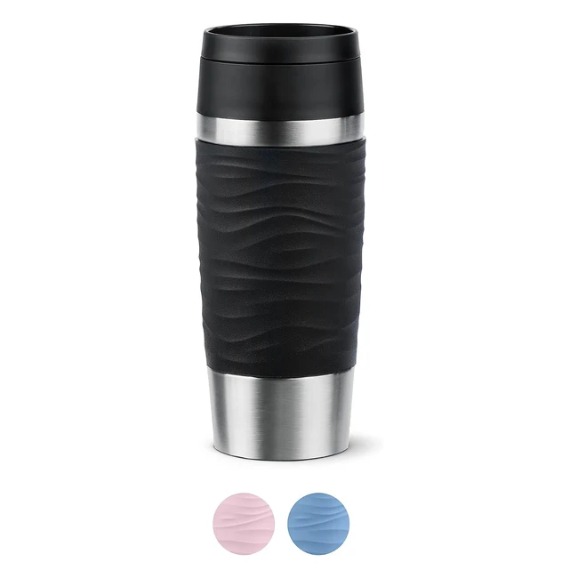 EMSA N20212 Travel Mug Wave Isolierbecher 036 Liter Komfort-Schraubverschluss Edelstahl 4 Stunden heiß und 8 Stunden kalt 100% auslaufsicher spülmaschinenfest 360 Trinköffnung Schwarz