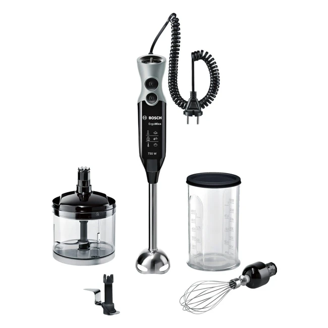 Bosch MSM67170 Ergomixx Handmixer Set, Edelstahl-Mixfuß, Spiralkabel, Schneebesen, Mixbecher, 12 Geschwindigkeitsstufen, 750 Watt, Schwarz/Grau