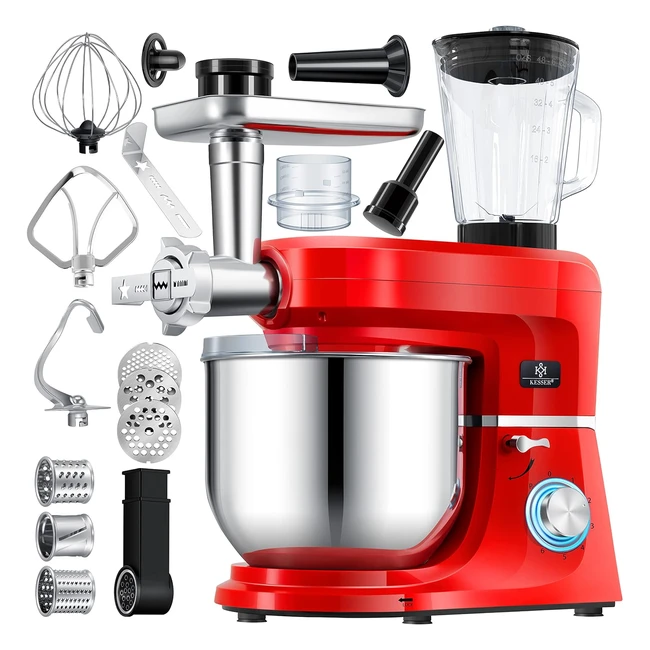 Kesser 3-in-1 Küchenmaschine KKM 3000 mit Fleischwolf, Knetmaschine, Rührmaschine - 55L Schüssel, 3 Rührwerkzeuge, 1,5L Entsafter, Wurst Set, Pasta, Plätzchenformen - Rot