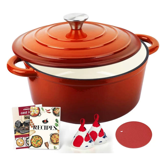 Olla de Hierro Fundido Antiadherente Overmont 26 cm - Ideal para Estofar y Asar Carne y Verduras - Apta para Cocinas de Inducción - Naranja