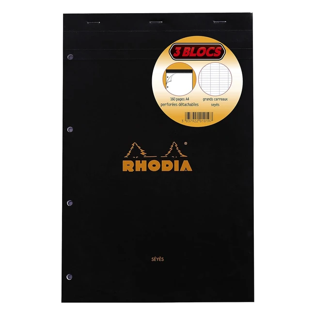 Lot de 3 blocnotes agrafes Rhodia N20 Blackorange A4 - Grands carreaux Seys