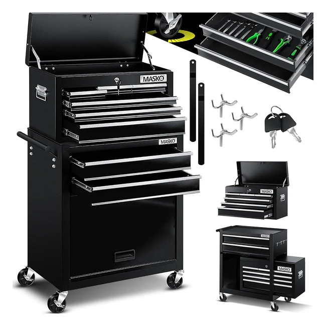 Masko Werkstattwagen inkl. Koffer 9 Fächer abschließbar solides Metall mobiler Werkzeugwagen ohne Werkzeuge professioneller Werkstattwagen zur Werkzeugaufbewahrung mit Schloss Schwarz