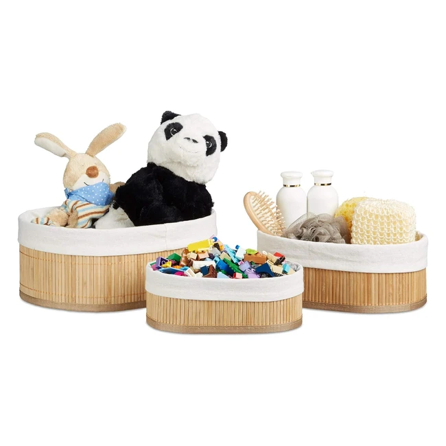Cestino da Bagno Portaoggetti Relaxdays, Set da 3, Fodera in Tessuto Bambù, Pratico e Decorativo