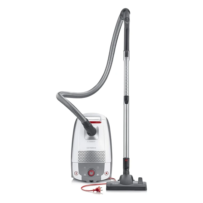 Severin BC 7047 Bodenstaubsauger mit Beutel - Leistungsstarker Staubsauger mit praktischem Zubehör - Leiser Staubsauger mit 360°-Rädern für hohe Flexibilität - Weiß/Rot