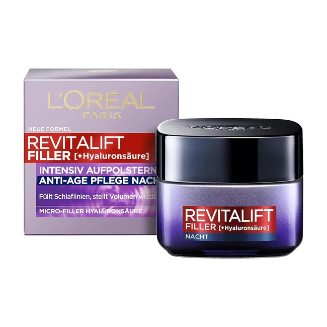 Loreal Paris Hyaluron Nachtcreme Anti-Aging Gesichtspflege mit Microfiller Hyaluronsäure, Feuchtigkeit und Anti-Falten Effekt, Revitalift Filler, 50 ml