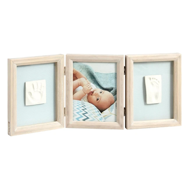 Baby Art My Baby Touch - Set de Marco Triple para Fotos y 2 Huellas de Bebé en Arcilla - Recuerdo de las Huellas de Mano y Pie - Color Madera Stormy
