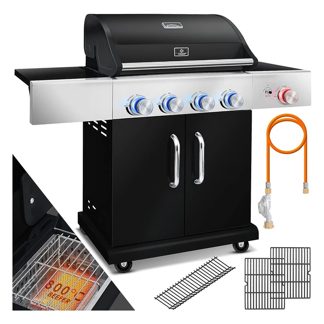 Kesser Master BBQ Gasgrill 800°C Infrarot & Grillthermometer LED Beleuchtung Keramik 41 Brenner Edelstahl XXL Grillwagen Grill Seitenbrenner 511 kg Gasflasche Piezozündung Schwarz