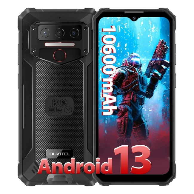 Oukitel WP23 - Téléphone Incassable Android 13, 7Go RAM/64Go ROM, Batterie 10600mAh, Écran 6.517 HD, Caméra 13MP, Dual SIM, NFC, GPS - Noir