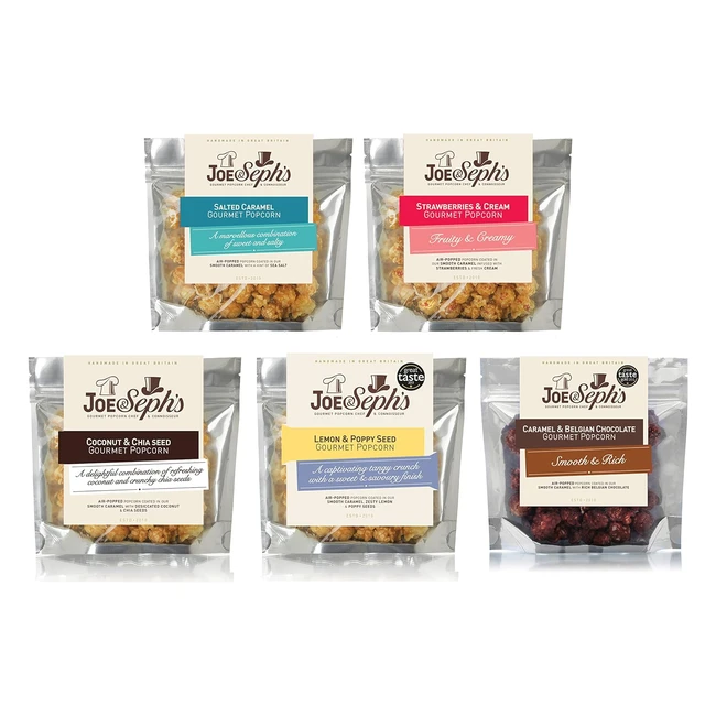 Joe Sephs Summer Popcorn Tasting Selection - 5x 30g Salted Caramel Strawberries & Cream Caramel Belgian Chocolate Coconut Chia Seed and Lemon Poppyseed