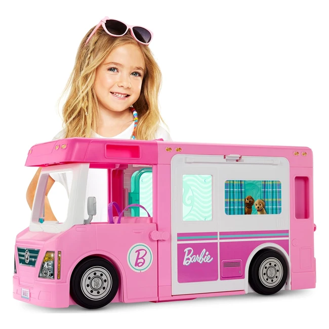 Barbie 3in1 Dream Camper - Transformable into Truck, Boat, and House - 60 Toy Accessories