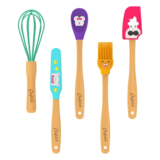 Chefclub Kids Set of 5 Kitchen Utensils - Bamboo & Silicone - #1 for Children