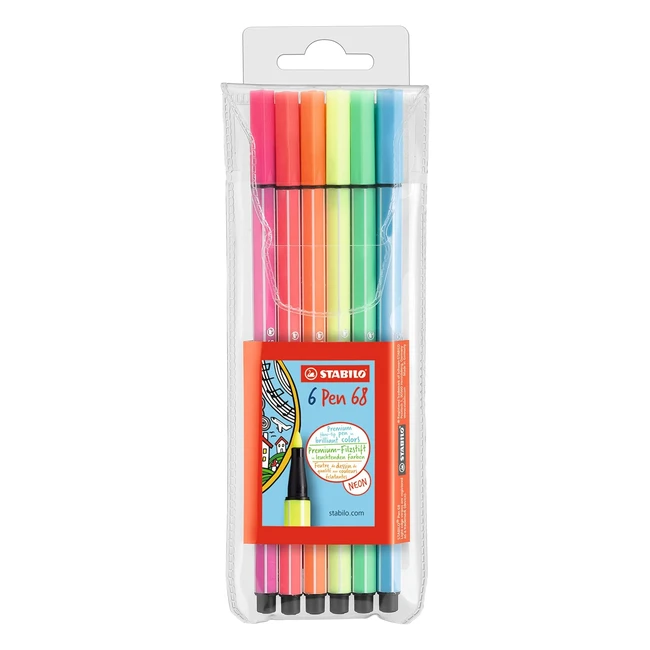 Premium Fibretip Pen Stabilo Pen 68 Pack of 6 Neon Colours - High Brilliance, Waterbased Ink
