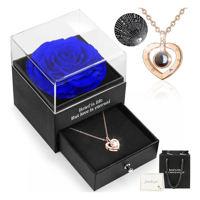 Rosa Eterna Roja Preservada con Collar - Amor Eterno en 100 Idiomas - Regalo para Mujeres - Bodas - San Valentín