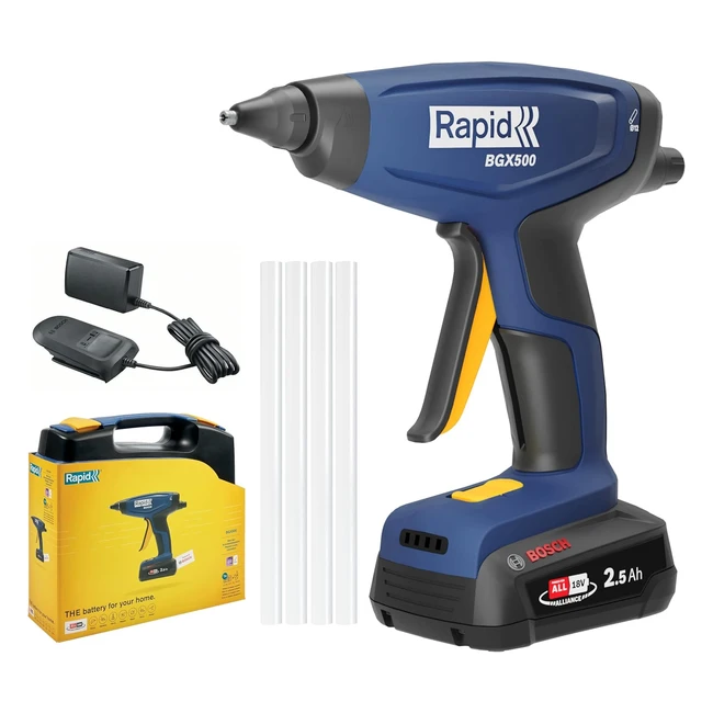 Pistolet à colle chaude professionnel sans fil Rapid BGX500 - Chauffe rapide 3 min - Débit réglable - Voyants LED - Batterie et chargeur inclus