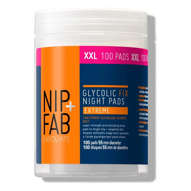 Nip+Fab Glycolic Acid Night Pads for Face - Exfoliating Resurfacing AHA Facial Pad - Blemish Control - 100 Pads