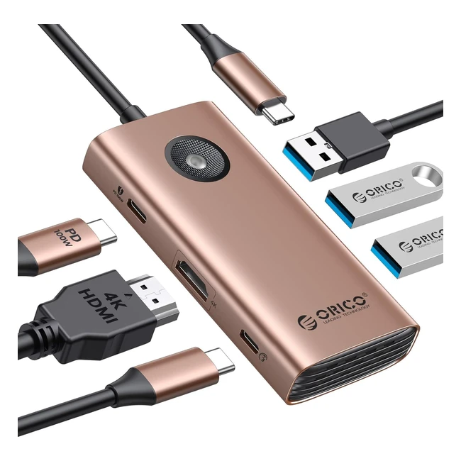 Estación de Acoplamiento USB C 6 en 1 Orico HDMI 4K PD100W 3 USB A 3.0 Adaptador Multiport para MacBook Dell HP Surface Lenovo - Rose Gold
