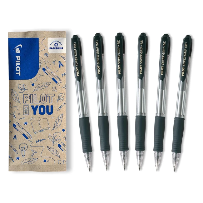 Pilot Super Grip a Scatto - Confezione da 6 - Penna a Sfera Ricaricabile con Grip Ergonomico - Nero