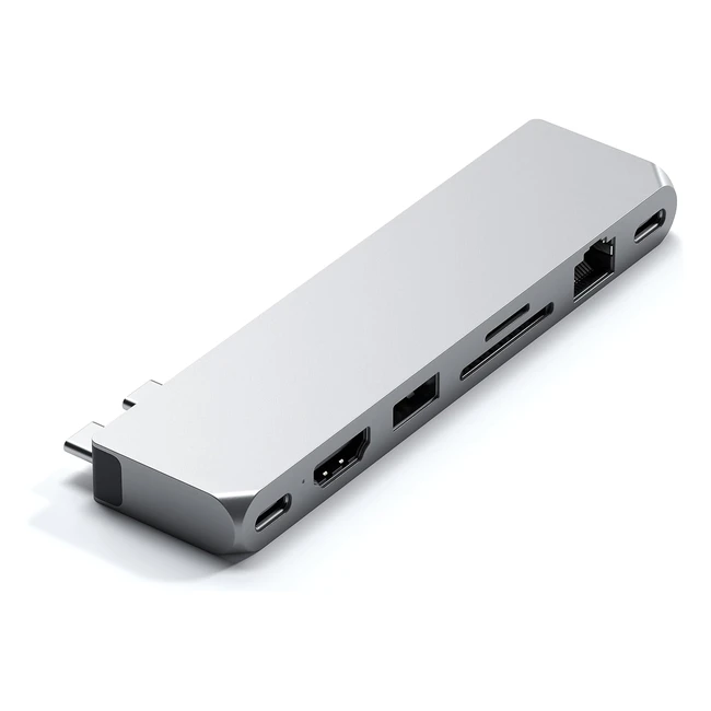 Adaptador Pro Hub Max Satechi Tipo C USB4 USB-A Data USB-C Data Gigabit Ethernet Puerto SD/Micro SD y Audio Jack - M2 M1 MacBook Pro/Air Plata