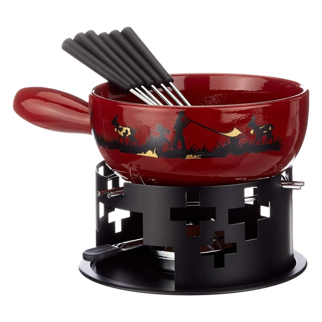 Fondue de Queso Kuhn Rikon 22cm - Arcilla Roja - Quemador de Pasta - 6 Tenedores - Decoración de Oro