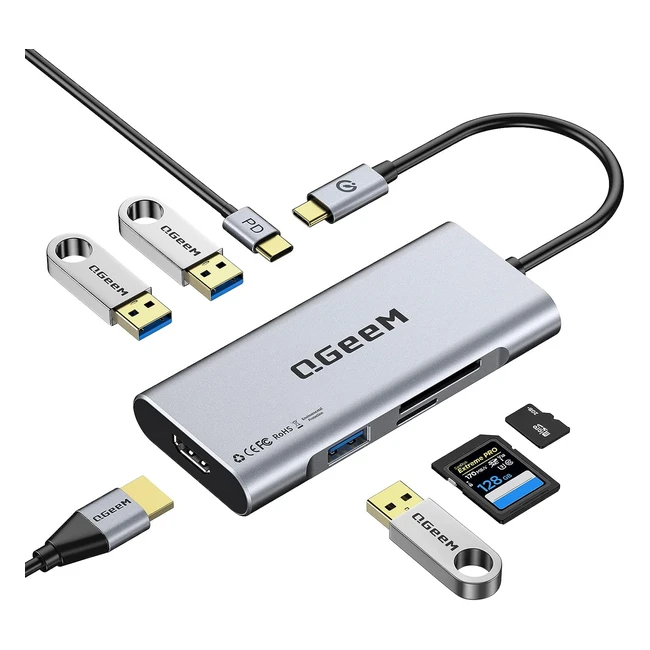 Qgeem USB C Hub HDMI Adapter 7 in 1 Type C Hub to HDMI 4K, 3 USB 3.0 Ports, 100W Power Delivery, SD/TF Card Readers