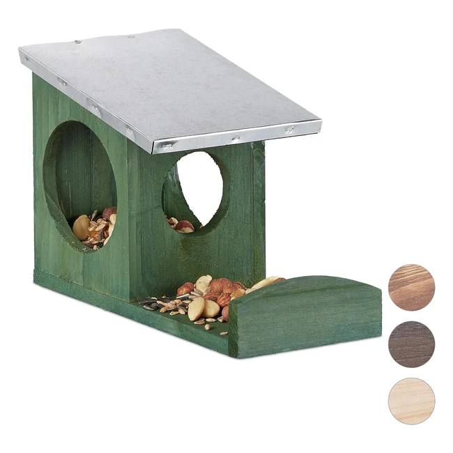Mangiatoia per scoiattoli Relaxdays, in legno resistente alle intemperie, tettuccio metallico, verde scuro