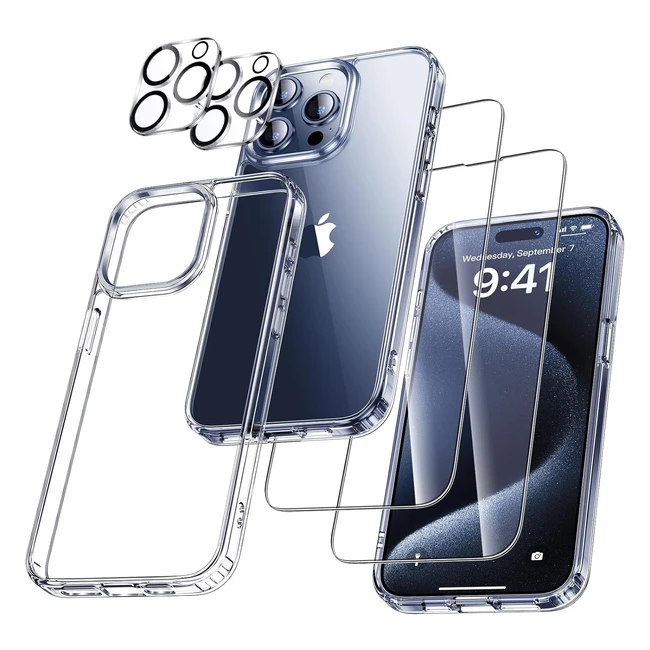 Uniqueme 5in1 Set für iPhone 15 Pro Max Hülle - Nie Vergilbende Handyhülle mit Rundumschutz - 1 Handyhülle, 2 Displayschutzfolien