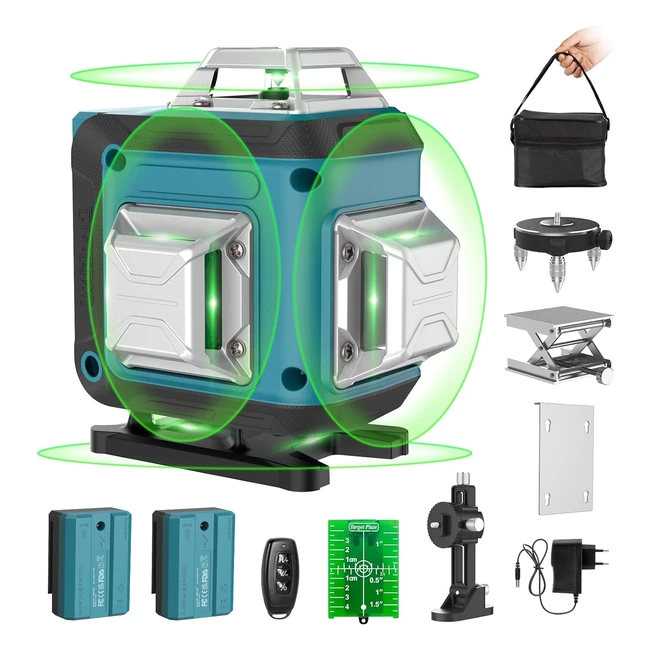 Niveau Laser Autonivelant Vert 4 x 360 - Chantier 4D - 16 Lignes - Mode Puls - Extérieur - 2 Batteries - Support Rotatif - Télécommande