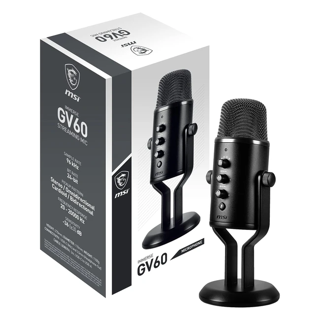 MSI Immerse GV60 Streaming Mic - USB Type-C Interface - Professional Applications - 4 Modes - Stereo, Omnidirectional, Cardioid, Bidirectional