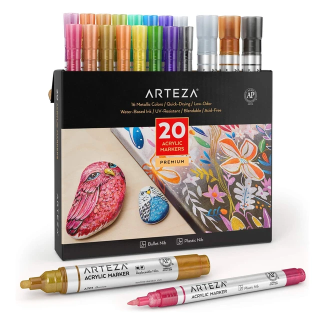 Arteza Juego de 20 Rotuladores Metálicos de Pintura Acrílica - Alta Duración