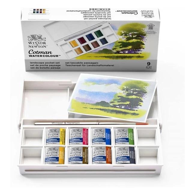 Set acuarela Cotman Winsor & Newton, paisaje, 8 medio godets, pincel de viaje