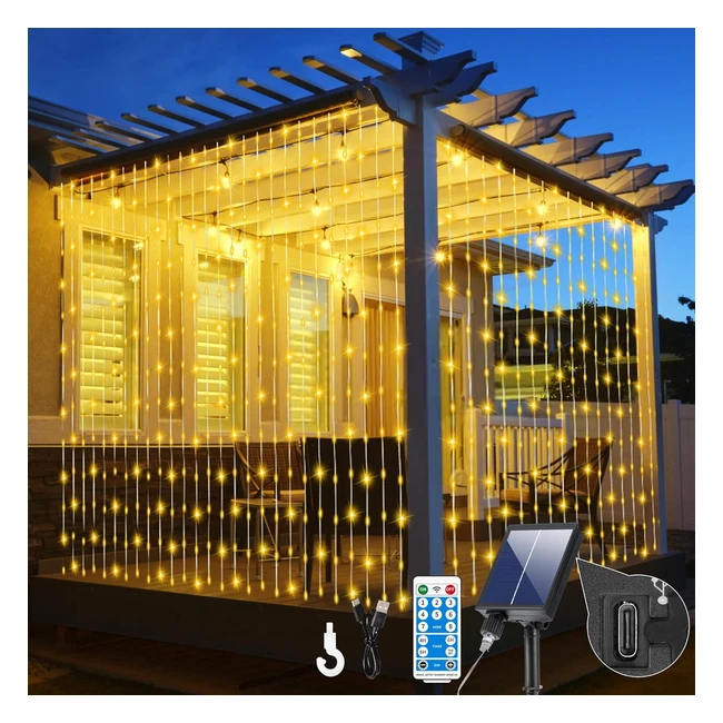 Tenda luminosa solare 6x3m GCMACAU 600 LED - Impermeabile, 8 modalità luci, ricarica USB