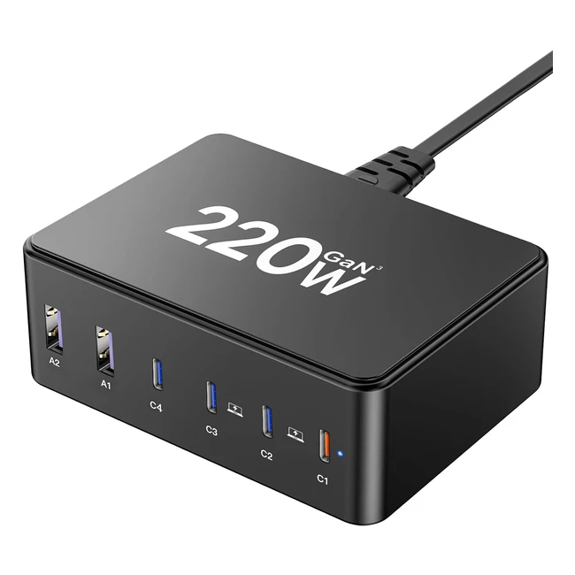 220W USB C Charger - GAN Charger - Schnellladegerät - 100W/65W PPS - 4 USB C und 2 USB A - MacBook Pro/Air, Laptop, iPad, iPhone, Switch, Samsung
