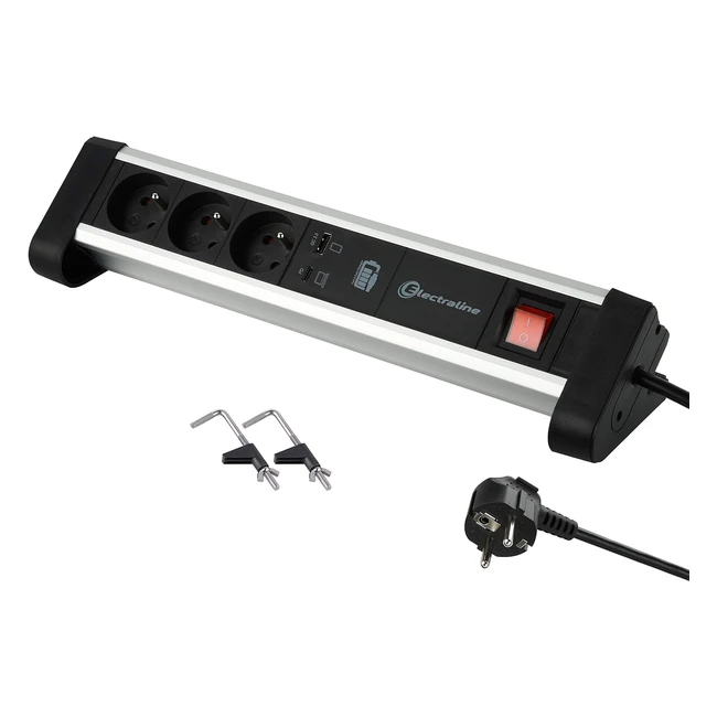Bloc multiprise Electraline 35442 - 3 prises, 2 ports 65W, chargeur USB-C, fixation bureau
