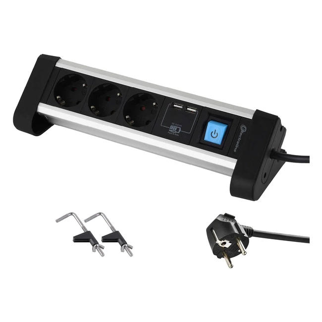 Regleta Electraline 62553 - Mesa de Trabajo - 3 Tomas Schuko - 2 Puertos USB - Color Metálico