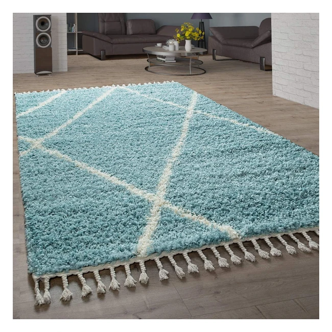 Tapis Shaggy Paco Home - Motif Diamants Skandi - Haute Pile - Taille 80x150 cm - Couleur Turquoise