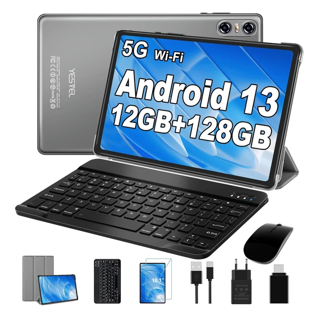 Yestel Tablet 10 Zoll Android 13, 12 GB RAM, 128 GB ROM, 1 TB TF, 2-in-1 Tablet mit 24G 5G WiFi, Bluetooth 5.0, 5 MP 8 MP, Grau