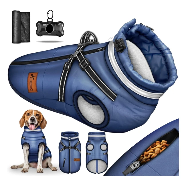 Tresko Hundejacke Winter mit Reflektoren inkl. 15 Stück Kotbeutel & Spender - Hunderegenmantel wasserdicht - Hundemantel mit Geschirr - Hunde Winterweste gefüttert XXL Navyblau