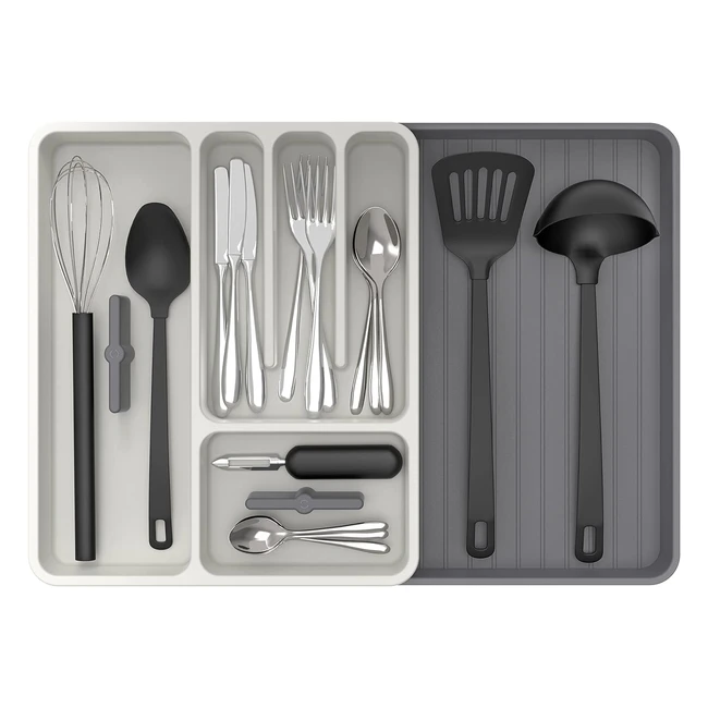 Vassoio Portaposate Espandibile Mrsiga - Organizzatore Regolabile per Posate e Utensili da Cucina - Bianco e Grigio