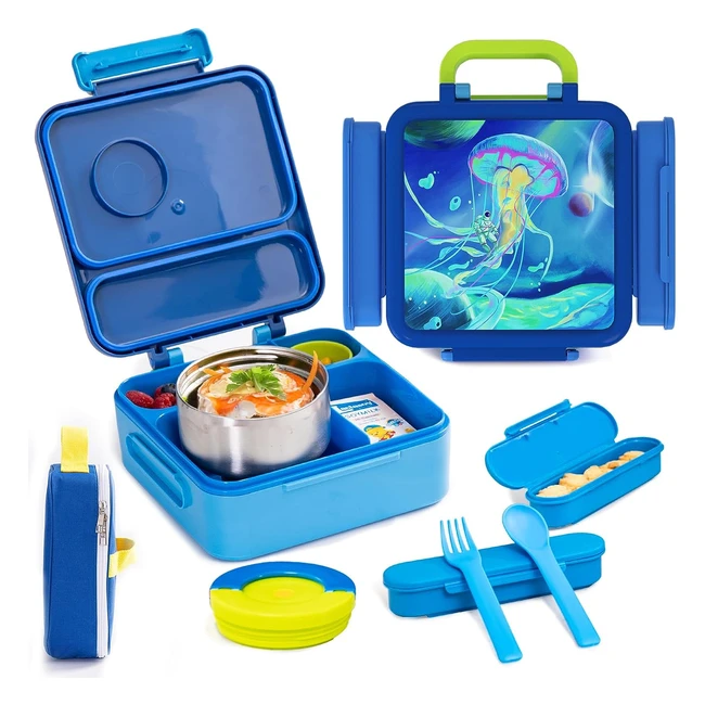 Fiambrera Infantil Haixin Loncheras para Niños Sin BPA - Lunch Box Bento Box - Compartimento - Vajilla - Bolsa para Guardería, Escuela, Viaje - Azul