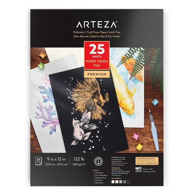 Cuaderno de Acuarela Arteza 25 Hojas 9x12 - 5 Tonos de Papel Blanco, Crema, Gris Claro, Gris y Negro