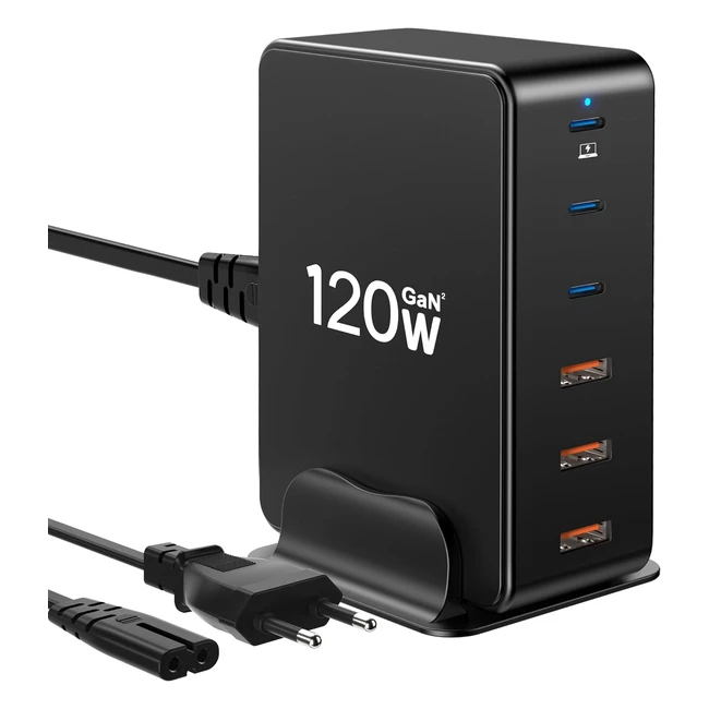 Cargador USB C Layajia120W GAN - Carga rápida con 3 USB-C y 3 USB-A - Compatible con laptops MacBook iPhone iPad - Negro