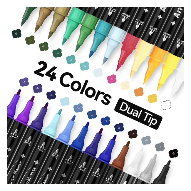 Stylos Marqueurs Peinture Acrylique ARRTX - 24 Couleurs Vives - Double Pointe Pinceau et Fine - Idéal pour Peinture Rupestre, DIY, Céramique, Carte de Noël, Toile, Bois
