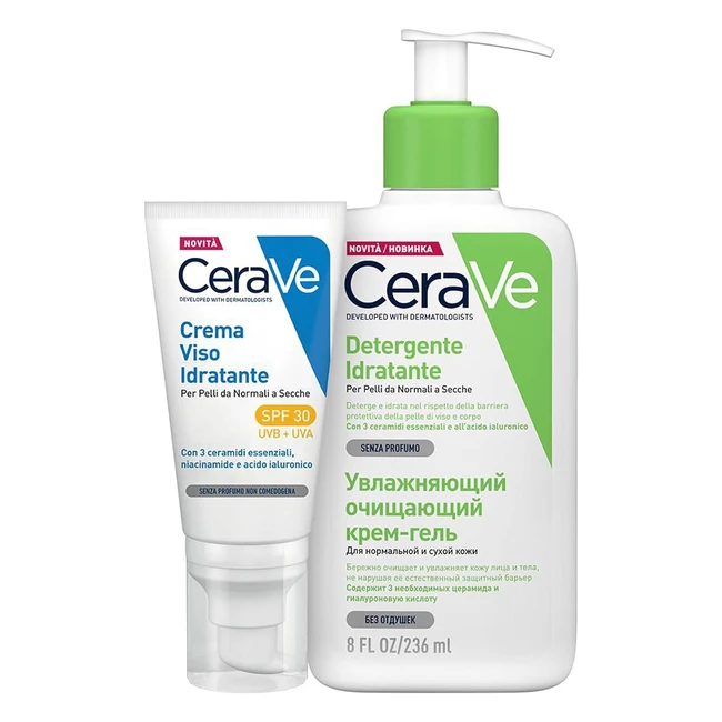 Kit skincare viso CeraVe per pelli normali a secche - detergente idratante con acido ialuronico - SPF 30