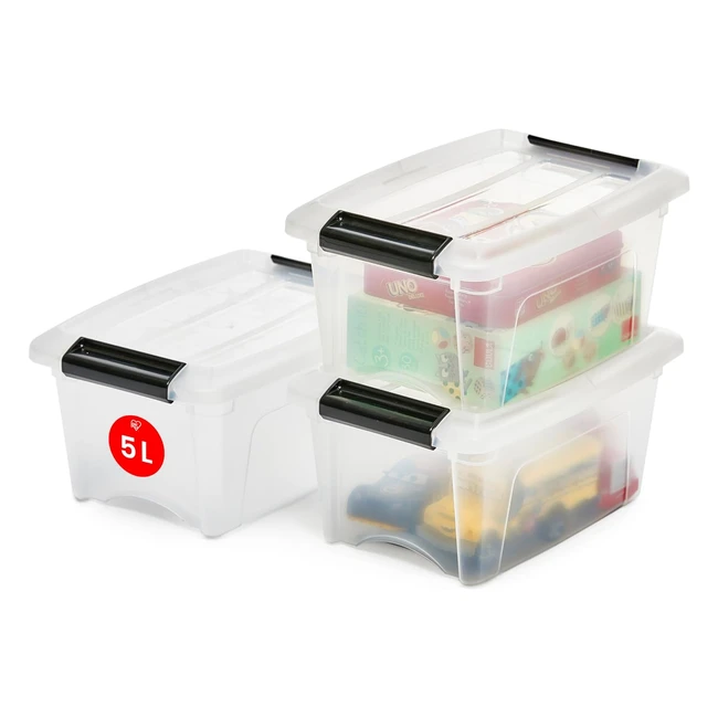 Iris Ohyama 3er-Set Aufbewahrungsboxen 5L mit Clips stapelbar - Wohnzimmer Schlafzimmer Garage - NEW TOP BOX NTB5 transparent