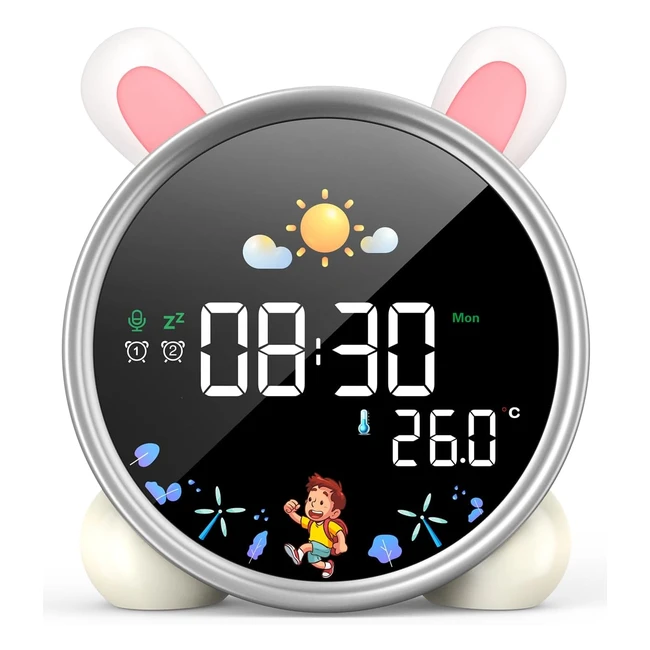 Réveil enfant éducatif jour nuit 5 couleurs - Lumineux LED - Lampe de chevet tactile - Musique - Double alarme - Température