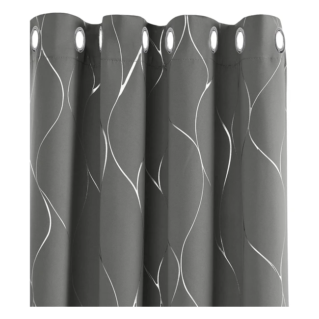 Deconovo Eyelet Room Darkening Curtains - Silver Wave Line Foil Printed Blackout Curtains - 66x72 Inch - Light Grey - 2 Panels