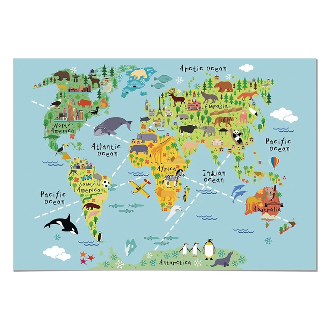 Poster Panorama Mapa Mundi Animaux 100x70cm - Décoration Murale Chambre Enfant