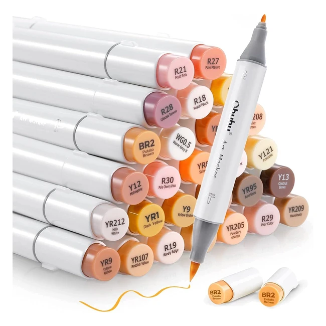 Ohuhu 36 Marqueurs Alcool pour les Couleurs de Peau - Pinceau et Ciseau Marqueur Artistique pour Croquis - Référence XYZ - Facile à Mélanger sans Tache