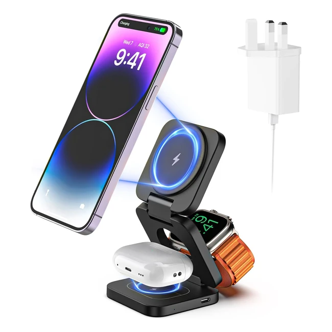 Ku Xiu 3-in-1 Wireless Charging Station for iPhone - Fast Charger for Apple Watch & AirPods - Foldable & Magnetic Stand
